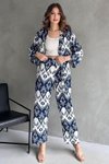 Lacivert Beyaz Leopar Desen Kimono Pantolon Takım