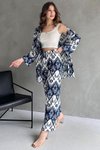 Lacivert Beyaz Leopar Desen Kimono Pantolon Takım