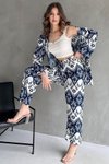 Lacivert Beyaz Leopar Desen Kimono Pantolon Takım