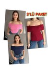 Lacivert Bordo Pembe 3lü Paket Madonna Yaka Kaşkorse Bluz