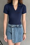 Lacivert Kısa Kollu Yaka Detaylı V T-shirt
