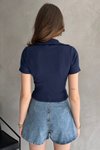 Lacivert Kısa Kollu Yaka Detaylı V T-shirt