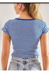 Mavi Kaşkorse Çizgili Bisiklet Yaka Crop Bluz