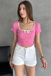 Pembe Brska Model Yakası Biyeli Kurdaleli Bağlamalı Crop