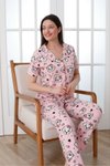 Pembe Düğmeli Kısa Kol Yazlık Penye Kare Desenli Pijama Takım