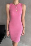 Pembe Halter Yaka Çizgili Ve Düz Mini Elbise