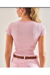 Pembe Kaşkorse Çizgili Bisiklet Yaka Crop Bluz