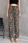 Renkli Yüksek Bel Leopar Desenli Elastik Bantlı Yan Cepli Geniş Paçalı Pantolon