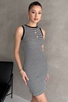 Siyah Beyaz Halter Yaka Çizgili Ve Düz Mini Elbise
