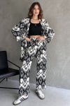 Siyah Beyaz Leopar Desen Kimono Pantolon Takım