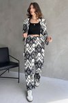 Siyah Beyaz Leopar Desen Kimono Pantolon Takım
