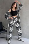 Siyah Beyaz Leopar Desen Kimono Pantolon Takım
