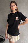Siyah Bisiklet Yaka Nakışlı Ovirsize Örme T-shirt