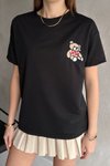 Siyah Bisiklet Yaka Nakışlı Ovirsize Örme T-shirt