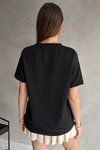 Siyah Bisiklet Yaka Nakışlı Ovirsize Örme T-shirt