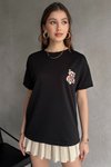 Siyah Bisiklet Yaka Nakışlı Ovirsize Örme T-shirt