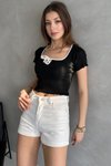 Siyah Brska Model Yakası Biyeli Kurdaleli Bağlamalı Crop