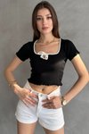 Siyah Brska Model Yakası Biyeli Kurdaleli Bağlamalı Crop