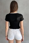 Siyah Brska Model Yakası Biyeli Kurdaleli Bağlamalı Crop