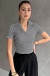 Siyah Çizgili Kaşkorse Kısa Kollu Yaka Detaylı V T-shirt