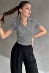 Siyah Çizgili Kaşkorse Kısa Kollu Yaka Detaylı V T-shirt