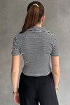 Siyah Çizgili Kaşkorse Kısa Kollu Yaka Detaylı V T-shirt