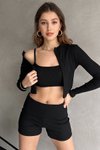 Siyah İp Askılı Crop Hırka Ve Short Kaşkorse Takım