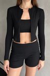 Siyah İp Askılı Crop Hırka Ve Short Kaşkorse Takım