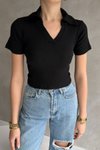 Siyah Kısa Kollu Yaka Detaylı V T-shirt