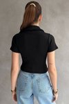 Siyah Kısa Kollu Yaka Detaylı V T-shirt