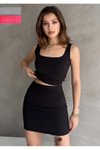 Siyah Modal Kumaş Mini Etek Crop Bluz İkili Takım