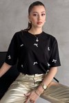 Siyah Oversize Kurdele Detaylı Tshirt