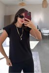 Siyah Pamuklu Omzu Dikişli Vatka Görünümlü Yarasa Kol T-shirt