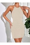 Bej Sırttan Bağlamalı Açık Renk Triko Elbise