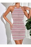 Pembe Sırttan Bağlamalı Çizgili Triko Elbise