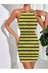 Sarı Sırttan Bağlamalı Çizgili Triko Elbise
