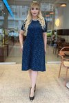 Saks Mavi Desenli Bisiklet Yaka Kısa Kollu Likralı Krep Midi Boy Büyük Beden Elbise