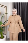 Bej Gömlek Yaka Ve Önü Düğme Detaylı Belden Bağcıklı Pantolon &amp; Tunik Keten İkili Takım