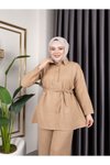 Bej Gömlek Yaka Ve Önü Düğme Detaylı Belden Bağcıklı Pantolon &amp; Tunik Keten İkili Takım