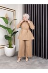 Bej Gömlek Yaka Ve Önü Düğme Detaylı Belden Bağcıklı Pantolon &amp; Tunik Keten İkili Takım