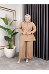 Bej Gömlek Yaka Ve Önü Düğme Detaylı Belden Bağcıklı Pantolon &amp; Tunik Keten İkili Takım