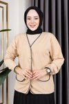 Bej Önü Cep Detaylı Düğmeli Ve Örgü Kumaş Burgu Hırka