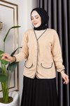 Bej Önü Cep Detaylı Düğmeli Ve Örgü Kumaş Burgu Hırka