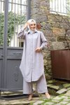 Gray Summer Shirt Collar and Front Buttoned Linen Fabric Long Tunic and Pants Set