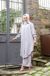 Gri Yazlık Gömlek Yaka Ve Önü Düğmeli Keten Kumaş Uzun Tunik,pantalon İkili Takım