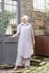Gri Yazlık Gömlek Yaka Ve Önü Düğmeli Keten Kumaş Uzun Tunik,pantalon İkili Takım