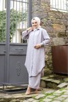 Gri Yazlık Gömlek Yaka Ve Önü Düğmeli Keten Kumaş Uzun Tunik,pantalon İkili Takım