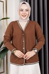 Kahverengi Önü Cep Detaylı Düğmeli Ve Örgü Kumaş Burgu Hırka