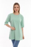 Mint Düz Uzun Ve Yırtmaçlı Duble Kol Önü Baskısız T-shirt Tunik