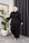 Siyah Gömlek Yaka Ve Önü Düğme Detaylı Belden Bağcıklı Pantolon &amp; Tunik Keten İkili Takım